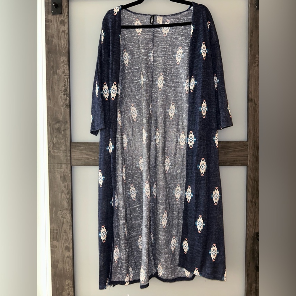 Divided Navy Aztec-Print Maxi Open Front Dress